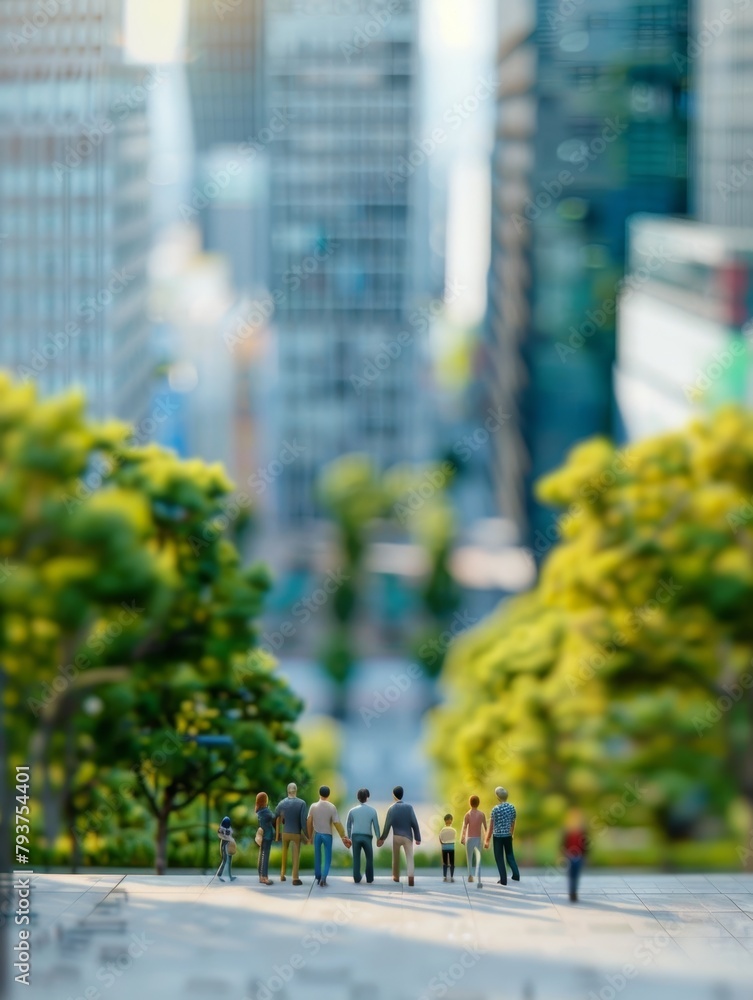 A scene of miniature people in an urban park setting, with a selective focus that creates a dreamlike atmosphere among the greenery.