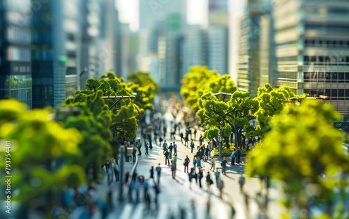 A tilt-shift effect blurs a dynamic urban scene, highlighting the motion of miniature-like pedestrians amidst green trees.