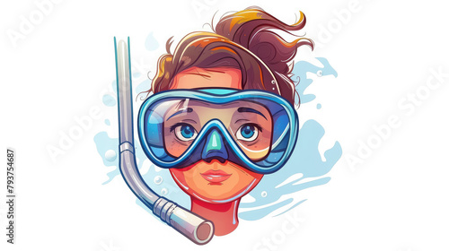 beautiful woman in a diving mask with a snorkel on a white background, illustration, drawing, logo, design, snorkeling, sea, ocean, summer, girl, portrait, face, hair, marine, water, swimming