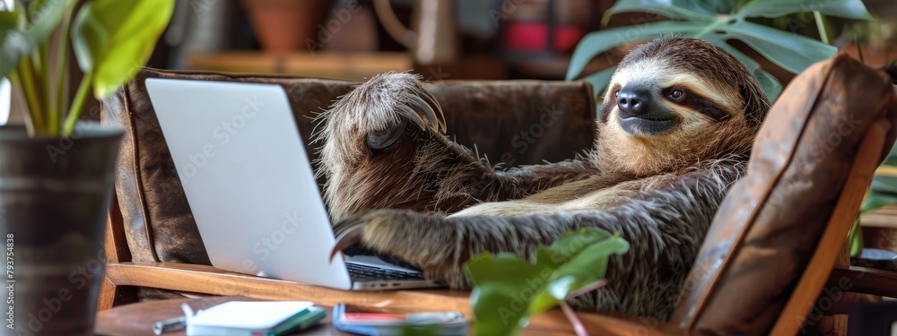 Fototapeta premium a sloth behind a laptop