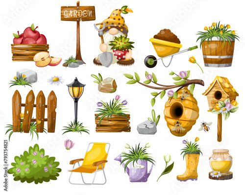 Set of decorative elements stickers icons cozy garden