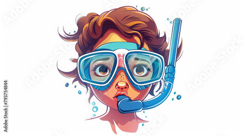 beautiful woman in a diving mask with a snorkel on a white background, illustration, drawing, logo, design, snorkeling, sea, ocean, summer, girl, portrait, face, hair, marine, water, swimming