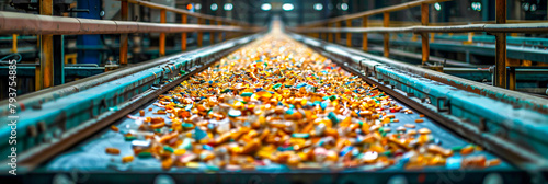 Colorful Candy Production Line, Industrial Food Manufacturing, Sweet Treats in Factory Setting photo