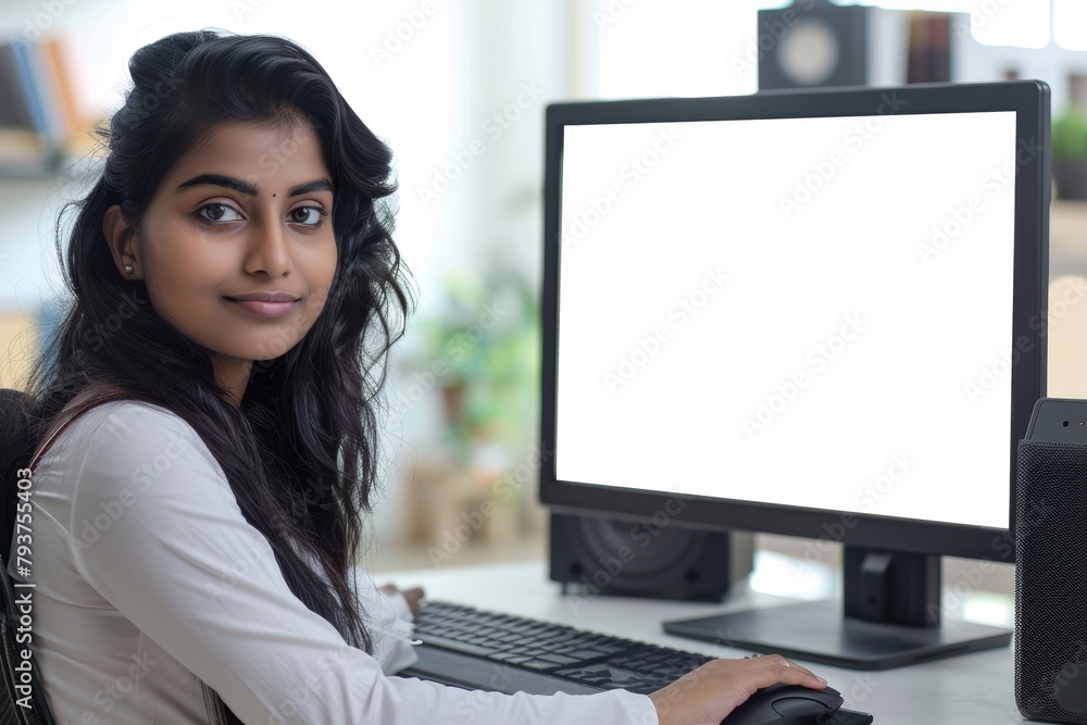 Digital mockup indian woman in her 20s in front of a computer with a fully white screen Digital mockup indian woman in her 20s in front of a computer with a fully white screen