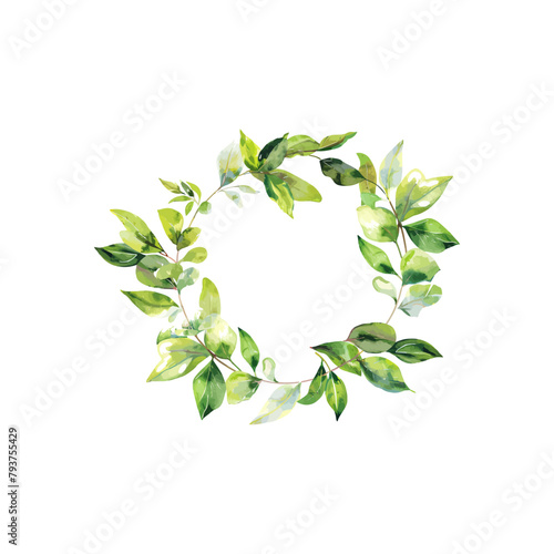 Watercolor Green Leaf Wreath on White. Vector illustration design.