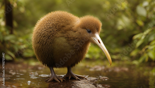 A kiwi standing on a rock in a forest.