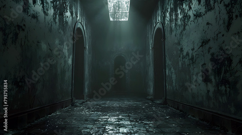 Foreboding Hallway of a Forsaken Asylum Shrouded in Ominous Shadows and Enchanted Aura photo