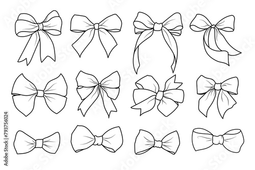Set of black outline bows and bow ties. Vector illustration of contour tied ribbons for design