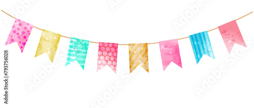 Watercolor flags garland for design of parties, birthday, weddings, children's rooms in vector, isolated on white