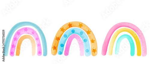 Set of vector multi-colored rainbows in watercolor style isolated on a white background. Illustration for children's design