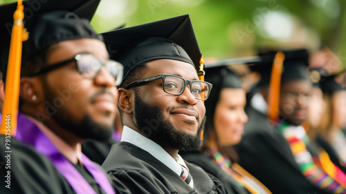 A proud, confident smiling black university graduate wearing glasses, a black graduation cap and gown, joyfully looks at the camera. Сollege graduate students, education success concept, copy space