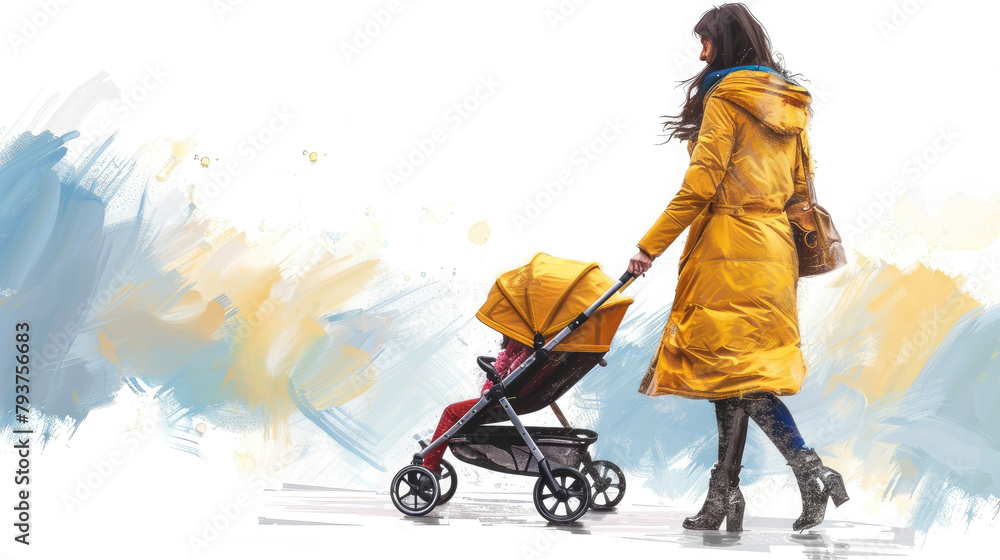 mother with a stroller with a baby, woman, child, kid, family, mother's day, white background, illustration, drawing, love, parent, walk, childhood, toddler, education, care