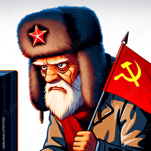 A stern-faced caricature in a Russian ushanka hat holding a Soviet flag, with a determined expression photo