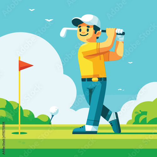 illustration of a cheerful golfer hitting a golf ball