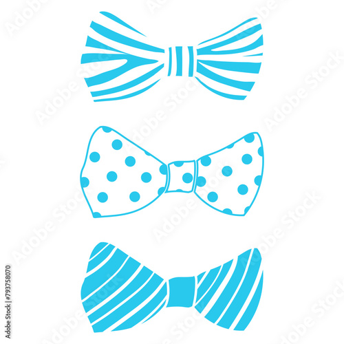 Set of cute blue bow ties isolated on white. Vector illustration of a set of bows in flat style.