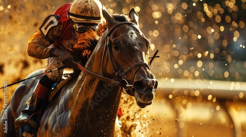 A jockey is riding a horse in a race in Kentucky Derby. EEUU. USA. © Barsimur