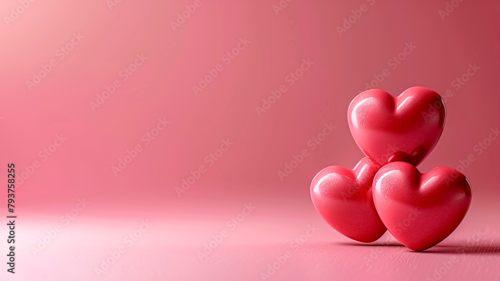 Romantic Three Hearts on Pink Background. Valentines Day Love, Romantic Atmosphere, Copyspace.