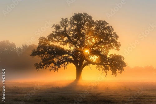 Tree Sunrise. Oak Tree in Morning Meadow with Sunbeams and Misty Fog