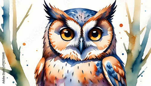 Hand drawn cartoon beautiful owl watercolor illustration background  © YU