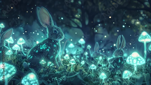 A colony of bioluminescent bunnies, their fur shimmering with soft greens and blues, hopped through a field of glowing mushrooms, their nighttime frolicking a magical watercolor spectacle © JK_kyoto