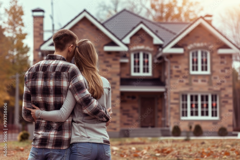 House People. Rear View of Young Couple Embracing in Front of New Dream Home