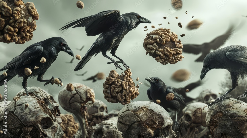 Fototapeta premium A cunning group of crows have figured out how to drop nuts from high above, cracking open the skulls of unsuspecting zombies to access their unappetizing to crows brains