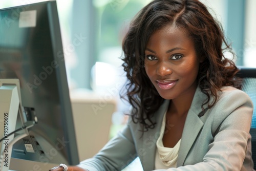 Computer Using. Authentic Businesswoman Accessing Information in California Office Setting