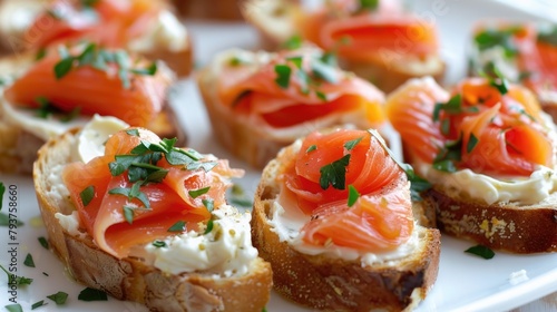 Hors Doeuvres. Salmon Toast with Cheese on Dinner Plate