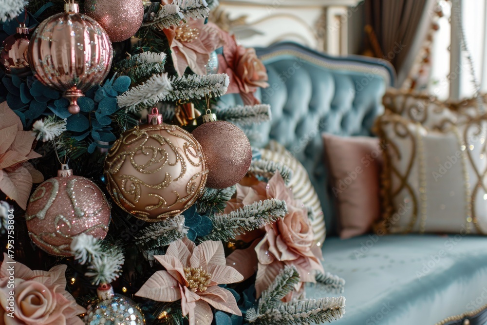 Beautiful Christmas Tree with Pink and Gold Decorations in Classic Style