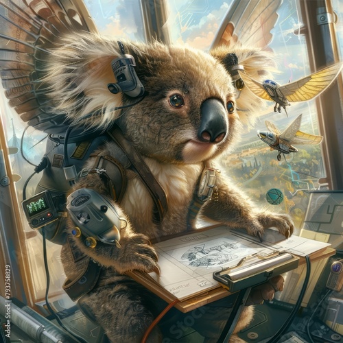 A curious koala with builtin retractable wings, dreamt of soaring through the skies, sketching elaborate flying machines in its holographic notepad with its fuzzy paw photo