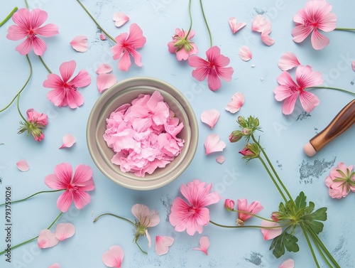 cosmetic creams with pink flowers, geranium flower, skin cream on a white background