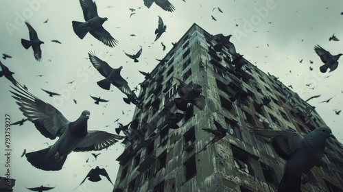 A flock of adaptable pigeons have taken up residence on a decaying skyscraper, using the slowmoving zombies as a mostly inedible shield against predators photo