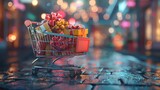Vibrant scene featuring small gifts with elegant bows in a shopping trolley captures essence of generosity and celebration.