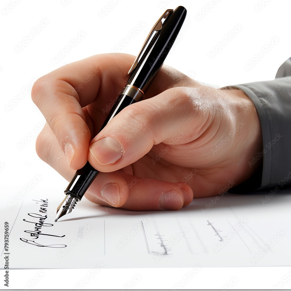 Close-up of hands holding and signing a contract with a luxury pen, isolated on a white background with ample copy space. Close-up of hands holding and signing a contract with a luxury pen, isolated on a white background with ample copy space.