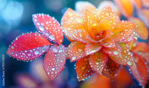 Glistening Dew on Autumn Flora - Macro Shot of Water Beads on Orange Leaves