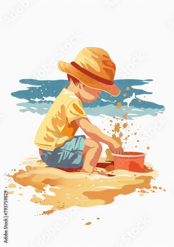 boy on the beach playing in the sand, sandbox, child, kid, summer, sea, holidays, toddler, childhood, game, children, white background, illustration, casual clothing, drawing, baby