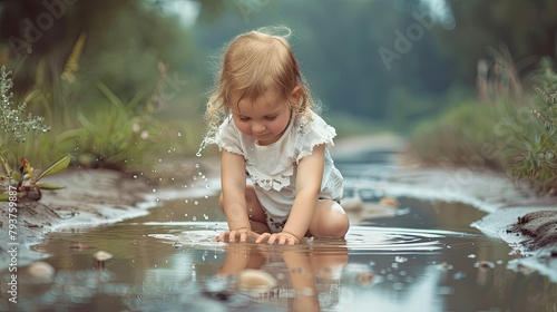 a small child is playing in a puddle