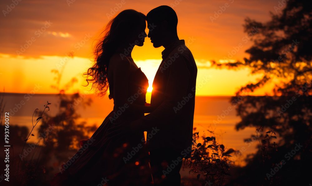 Silhouette of Loving Couple at Romantic Sunset, Intimate Moment in Nature, Young Man and Woman Embracing Against Vibrant Orange Sky Background