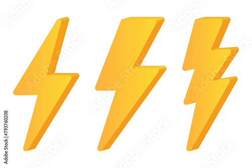 Thunderbolt icon. Set of 3d lightning bolt symbol. Electricity sign. Vector illustration on transparent background.