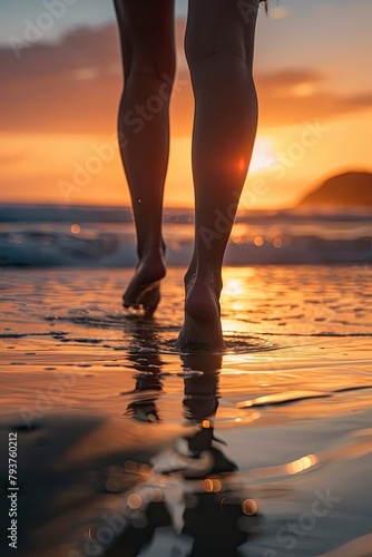 close-up of legs on sunset ocean background