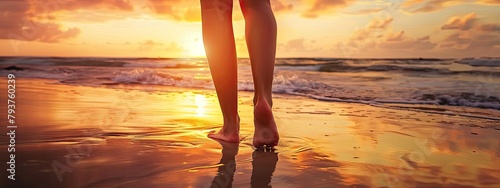 close-up of legs on sunset ocean background