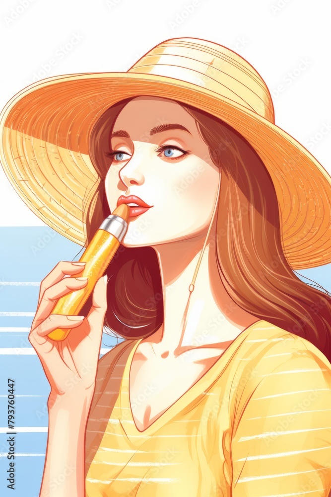Fototapeta premium A woman wearing a straw hat is standing near a sink, brushing her teeth with a toothbrush. She is focused on her reflection in the mirror as she maintains her oral hygiene routine