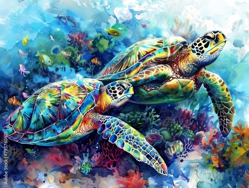 A pair of sea turtles  their shells painted in swirling patterns of blues and greens  swam gracefully through a coral reef teeming with colorful fish  a scene straight out of an underwater watercolor