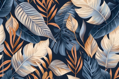 Tropical leaves and plants seamlessly patterned with dark navy blue