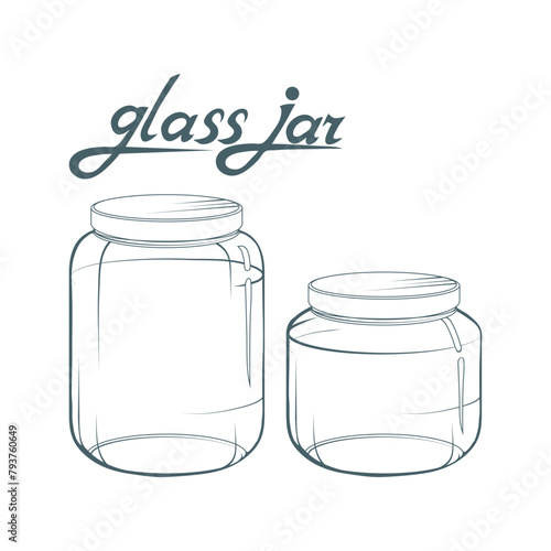 Glass jar set. Jar hand drawn. Lettering of glass jar. Vector artwork.