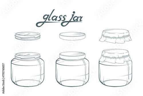Glass jar set. Jar hand drawn. Lettering of glass jar. Vector artwork.