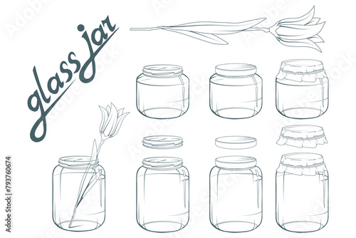 Glass jar set. Jar hand drawn. Lettering of glass jar. Vector artwork.
