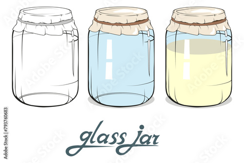 Glass jar set. Jar hand drawn. Lettering of glass jar. Vector artwork.