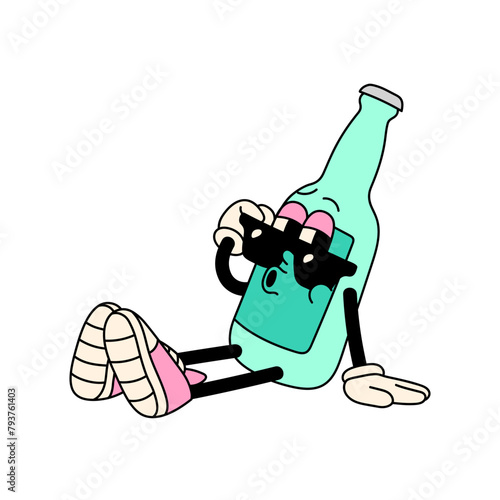 Cartoon glass bottle sits, relaxes. Funny character whistling melody, looks over sunglasses. Groovy mascot of beer in retro style of 70s. Flat isolated vector illustration on white background
