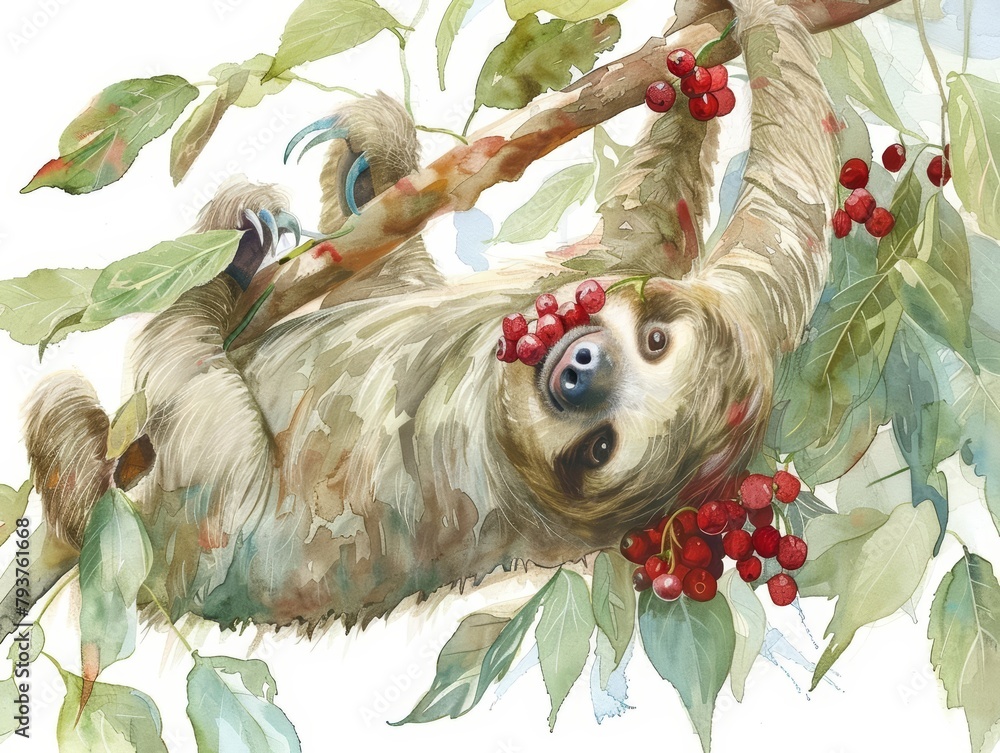 Naklejka premium A sleepy sloth, hanging upside down from a branch painted in soft greens and browns, cradled a bunch of vibrant red berries in its slowmoving paws, a comical watercolor picture of contentment